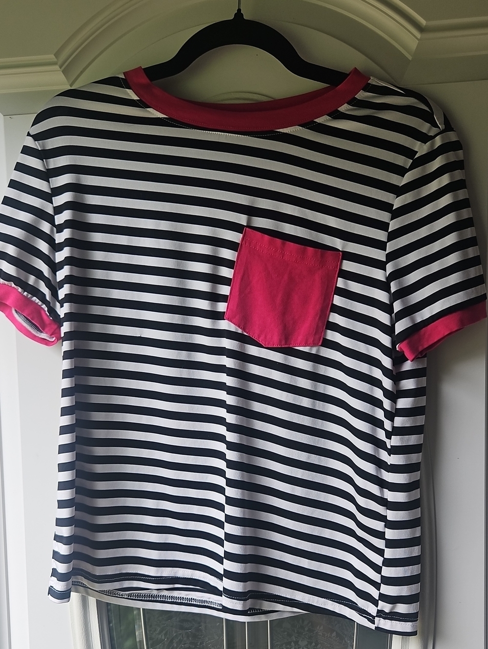 SHEIN Black & White Striped Top with Bright Pink Trim